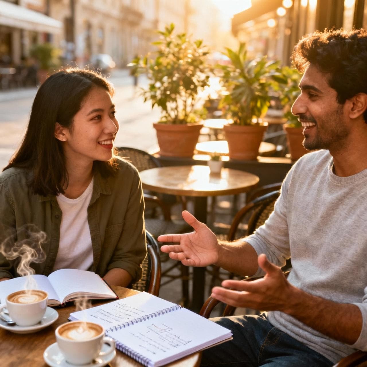 Two people, one a learner and one a native speaker, sitting at an outdoor cafe and having a pleasant, animated conversation over coffee.
