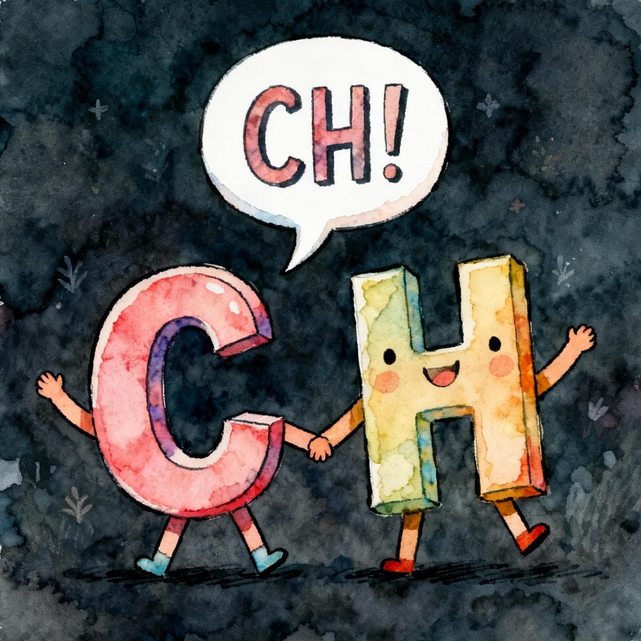 Two charming, anthropomorphic letters, a 'C' and an 'H', happily linking arms. A speech bubble emanates from them containing the letters "CH!", representing the new sound they create together. Ink and watercolor storybook illustration, soft and vibrant colors on a dark background.
