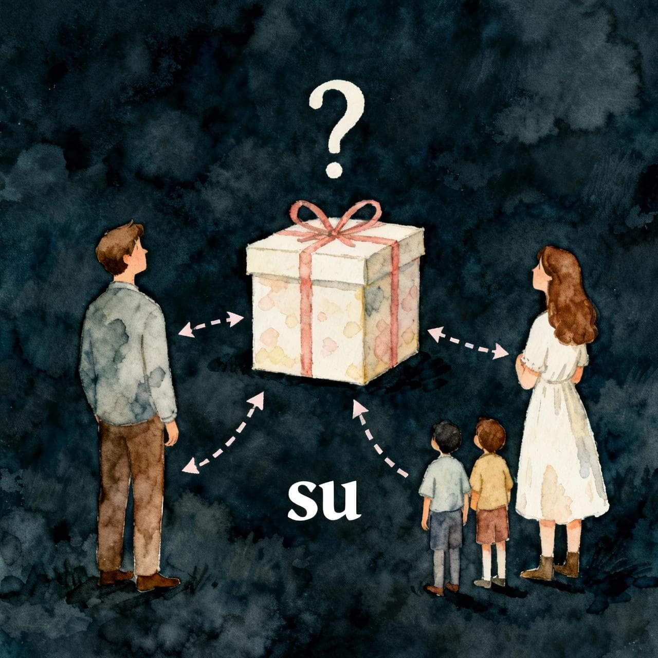 A charming ink and watercolor illustration of a single, ambiguous gift box with a question mark over it. Surrounding the box are three different people looking at it: a man, a woman, and a small group of two people. The word "su" is in the center, with soft, dashed arrows pointing from the word to each of the people, illustrating its multiple meanings. Dark background, whimsical storybook style.