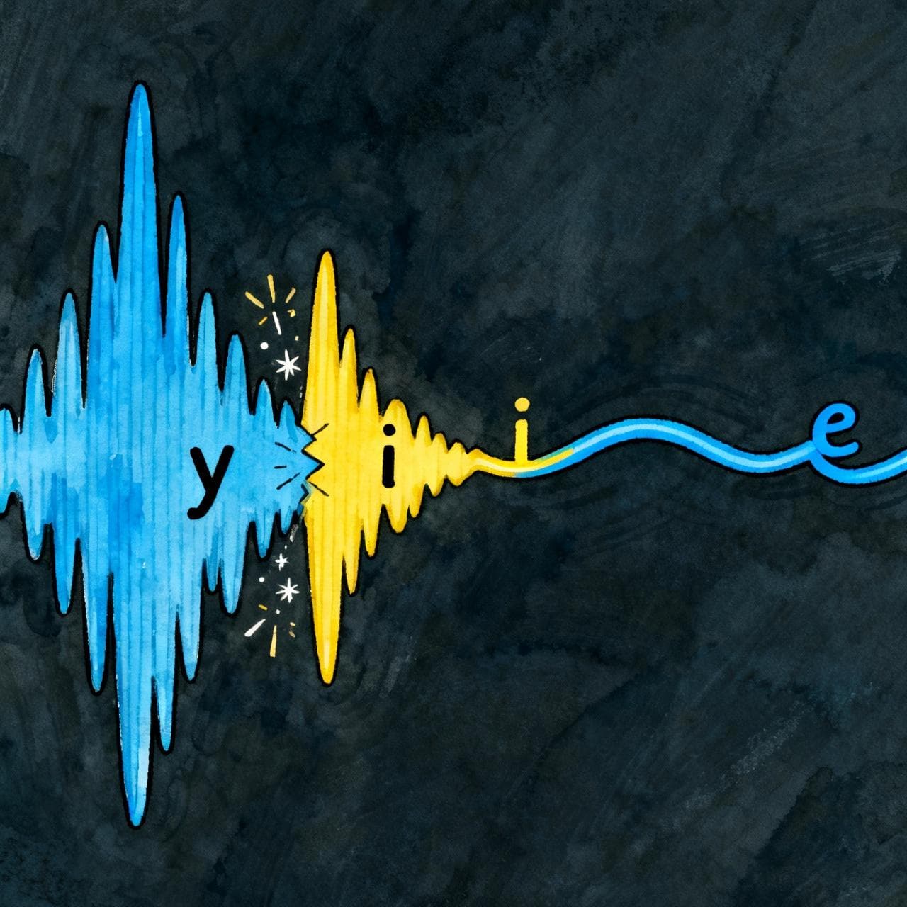 A visual metaphor of sound waves. On the left, a blue sound wave labeled 'y' awkwardly bumps into a yellow sound wave labeled 'i', creating little cartoon sparks. On the right, a blue sound wave labeled 'e' flows and merges seamlessly with a yellow sound wave labeled 'i'. Charming ink and watercolor painting, clean lines, vibrant but soft color palette, storybook style, dark background.