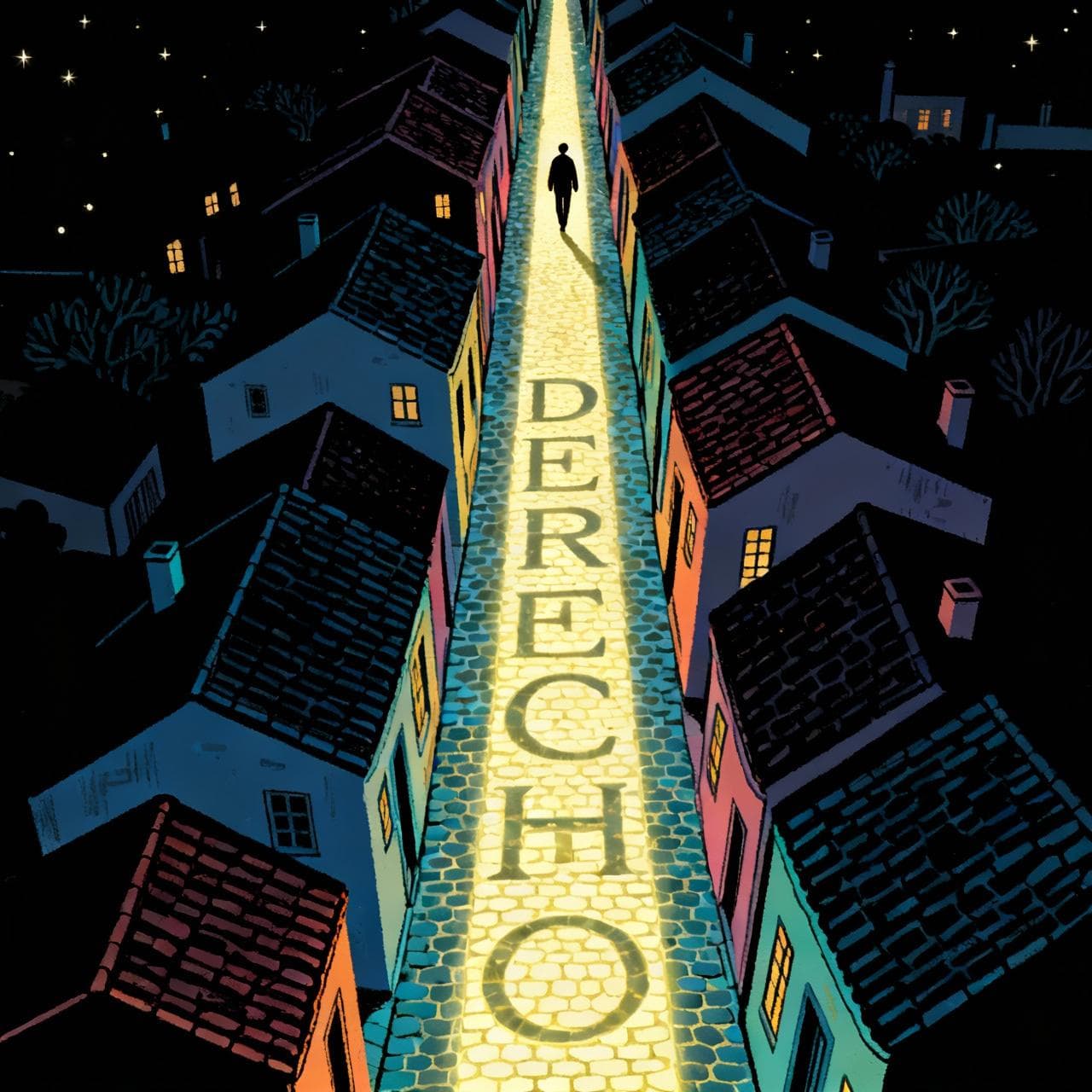 A bird's-eye view of a person walking along a glowing path straight down a charming cobblestone street at night. The word 'DERECHO' is subtly integrated into the straight path. Storybook illustration style, clean lines, soft vibrant colors on a black background.