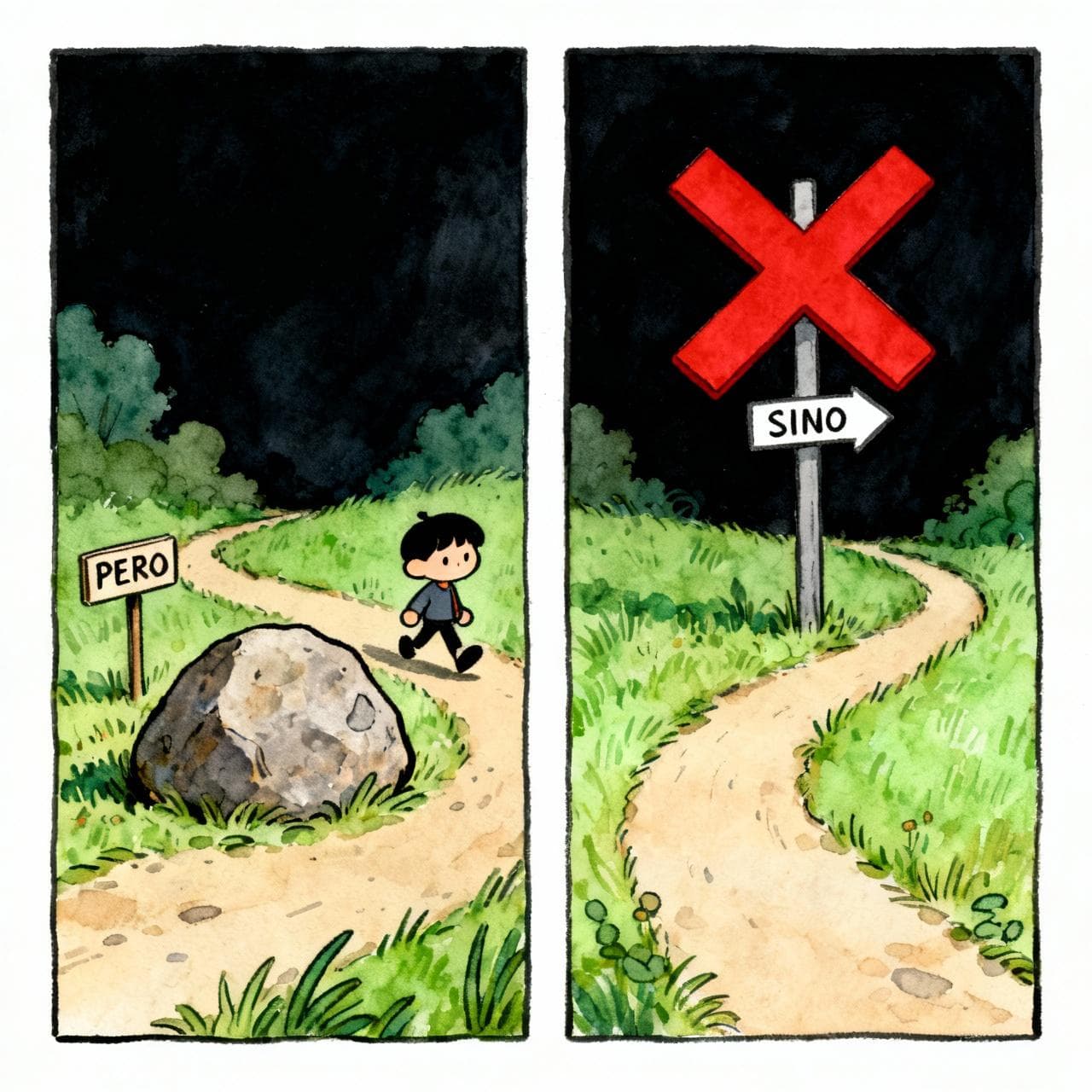 A split-panel illustration. On the left, a path has a small boulder on it, with a sign that says "PERO." A cartoon character easily walks around it. On the right, a path leads to a large red 'X' sign. A helpful signpost labeled "SINO" points to a completely different, clear path. Charming ink and watercolor painting, clean lines, vibrant but soft color palette, storybook style, dark background.