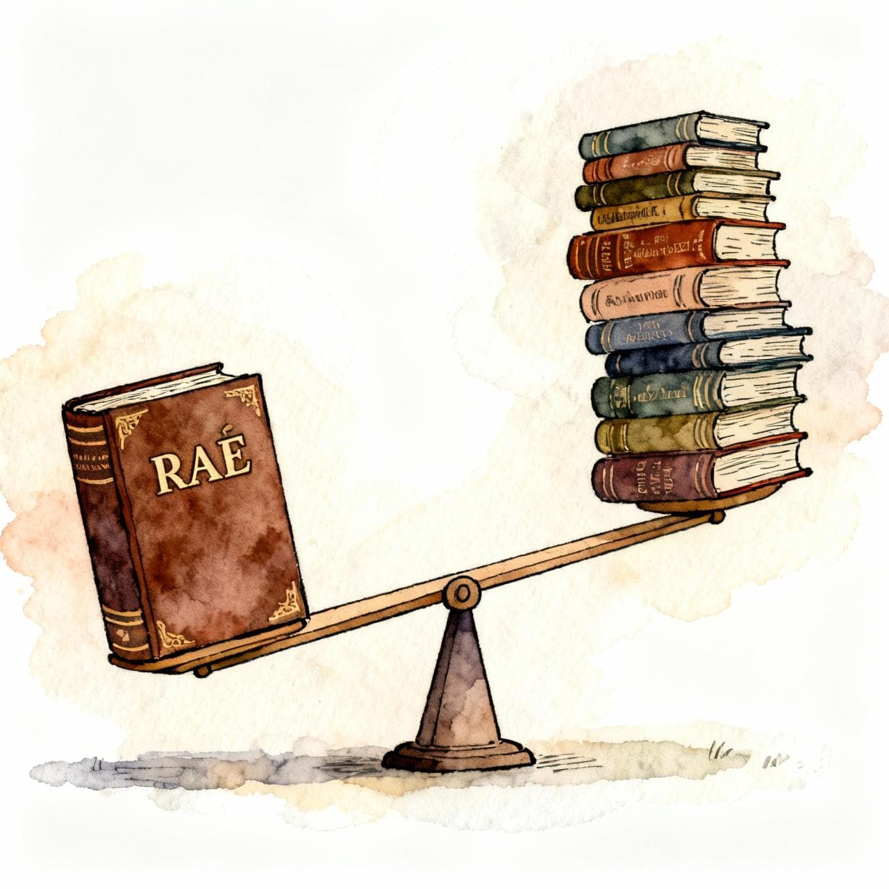 A stylized balance scale. On one side sits a heavy, official-looking book labeled 'RAE'. On the other side sits a stack of classic novels. The scale is perfectly balanced. Ink and watercolor, storybook style.