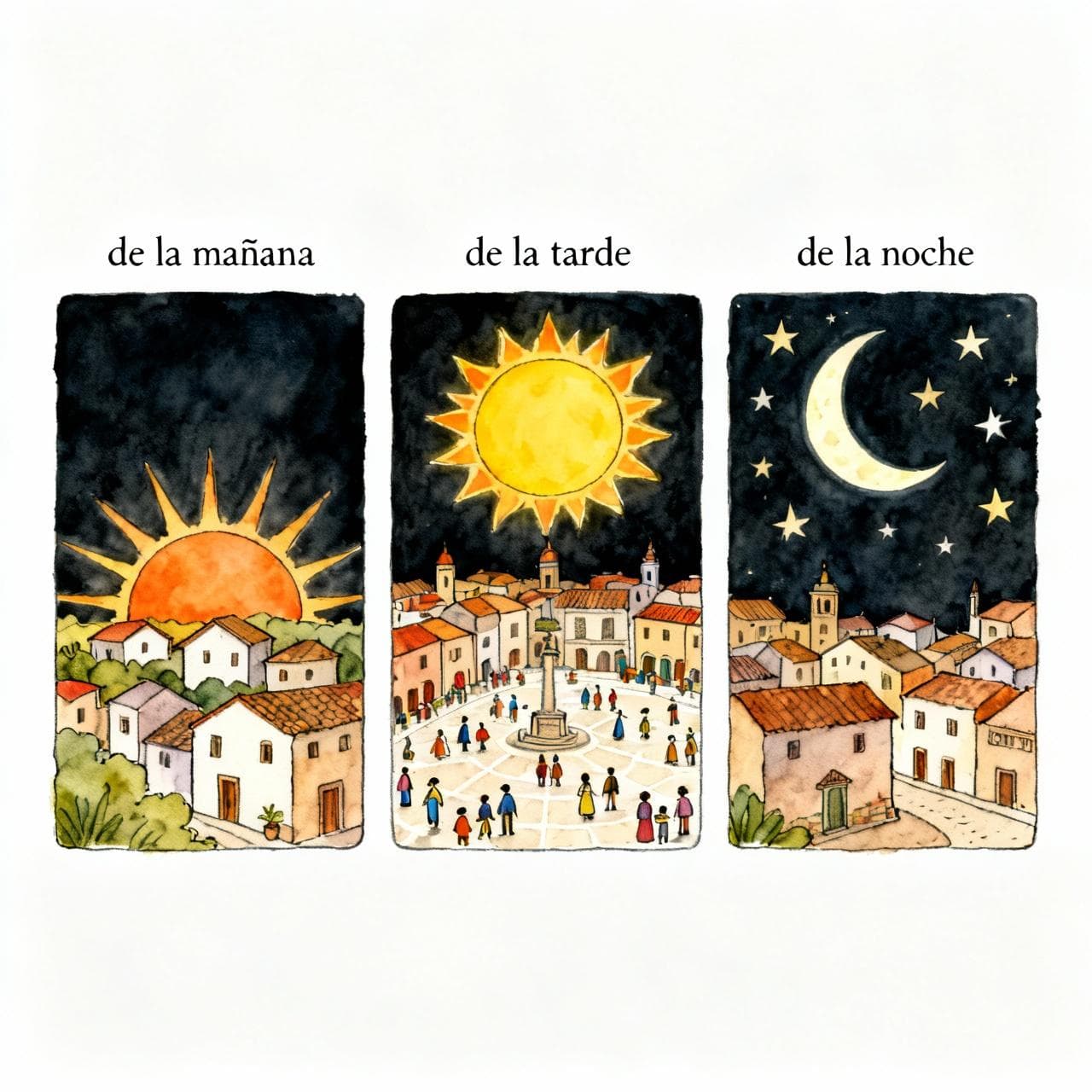 A triptych showing three times of day. Left panel: a sun rising over a small town with 'de la mañana'. Middle panel: a bright sun overhead a bustling town square with 'de la tarde'. Right panel: a crescent moon and stars over the quiet town with 'de la noche'. Charming ink and watercolor painting, clean lines, vibrant but soft color palette, storybook style, dark background.