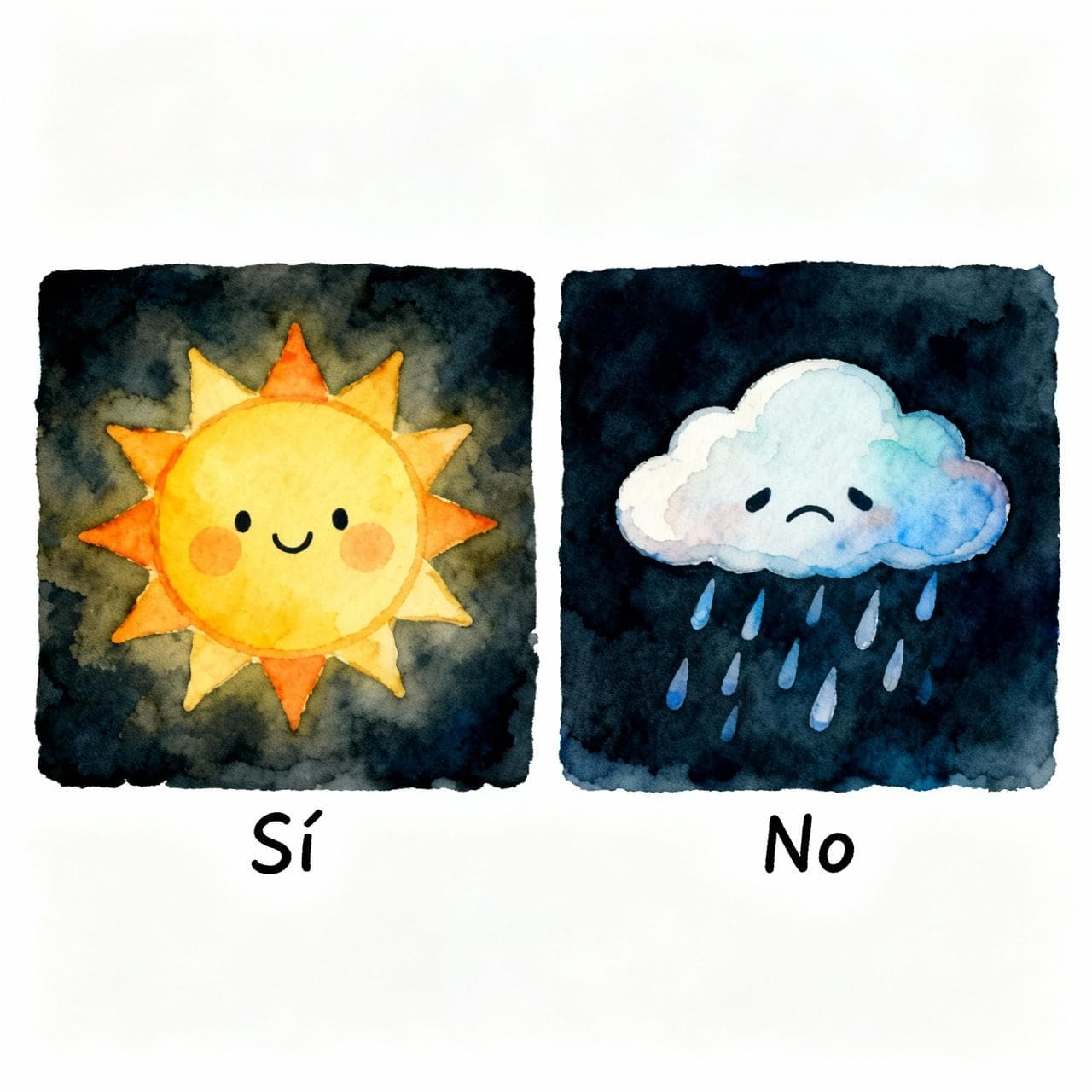 A split panel illustration in a charming ink and watercolor style. On the left, a bright, smiling sun with the word "Sí" below it. On the right, a simple, slightly sad-looking rain cloud with the word "No" below it. The style is clean, with a soft color palette on a dark background.