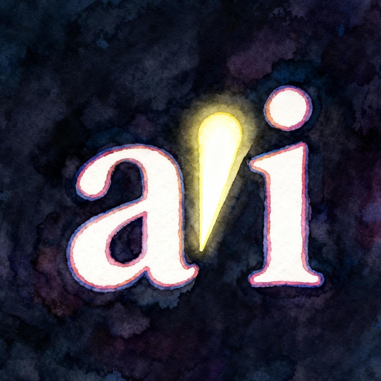 Ink and watercolor painting illustrating a Spanish hiatus. A bright, glowing accent mark ('tilde') is positioned like a wedge between two vowel letters, 'a' and 'í', pushing them apart into two separate syllables. The style is simple, symbolic, and educational, with a vibrant but soft color palette on a dark background. Storybook style.