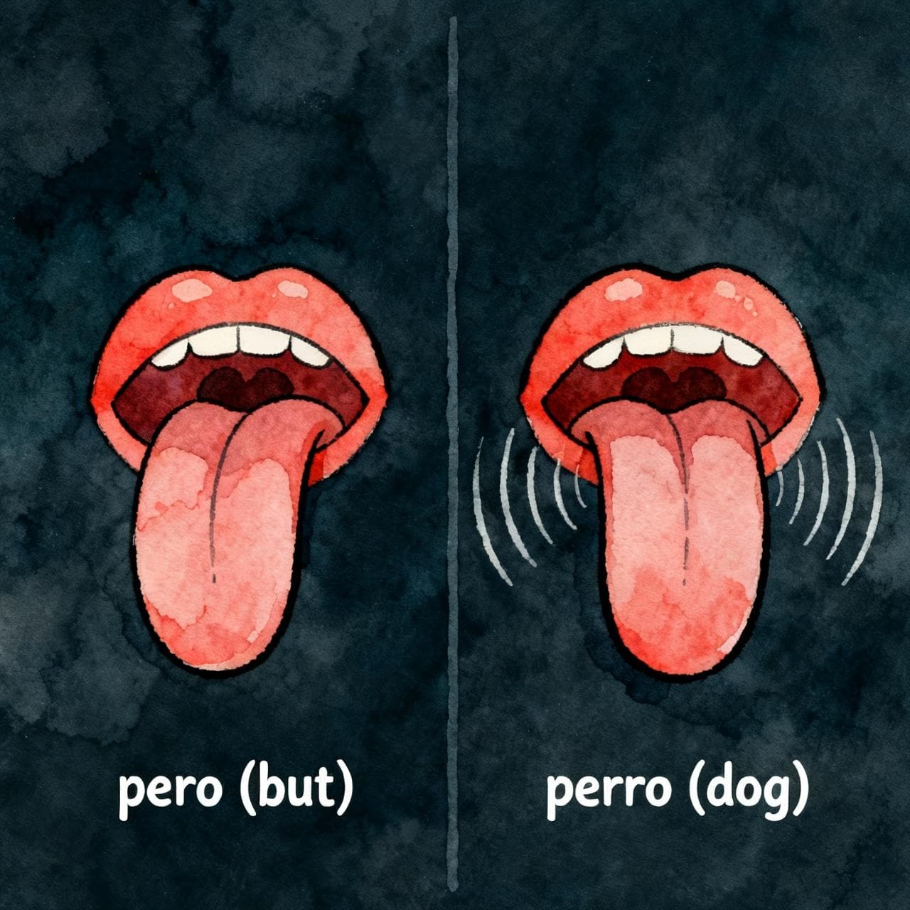 A split-panel illustration showing tongue placement for Spanish 'R' sounds. On the left, a stylized tongue gently 'tapping' the roof of the mouth, labeled 'pero (but)'. On the right, the same tongue is shown vibrating or 'trilling', labeled 'perro (dog)'. Charming ink and watercolor painting, clean lines, soft vibrant colors, dark background.