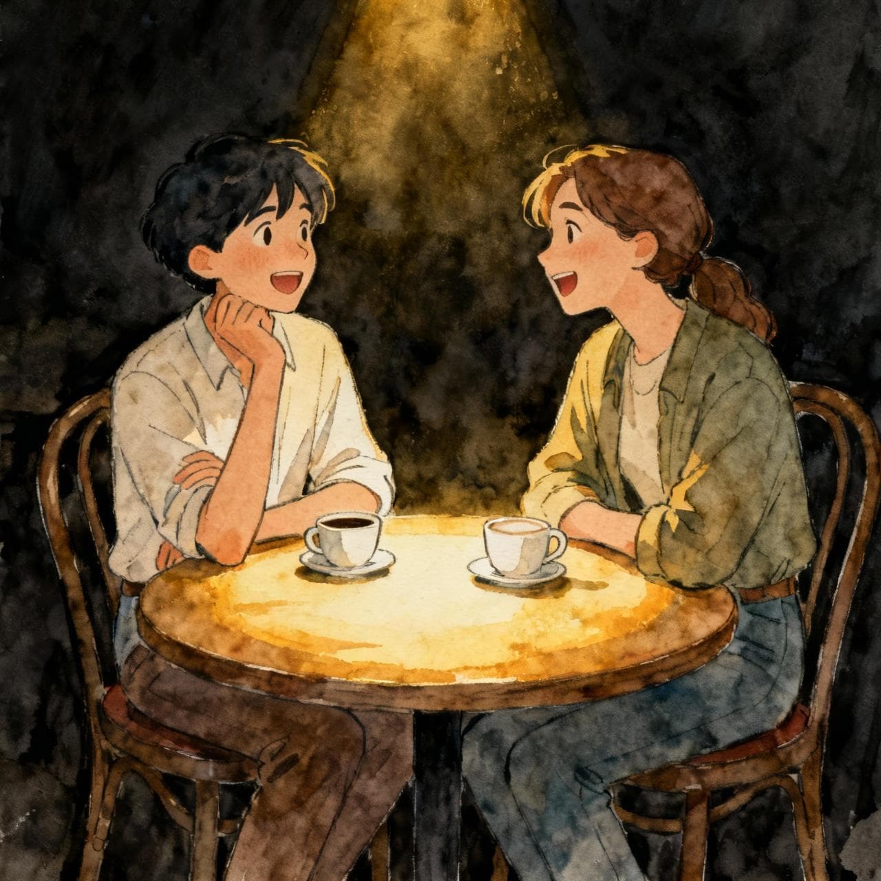 Charming ink and watercolor painting of two people chatting happily at a café table with empty coffee cups, relaxed and unhurried, embodying the concept of 'sobremesa', storybook style, dark background.