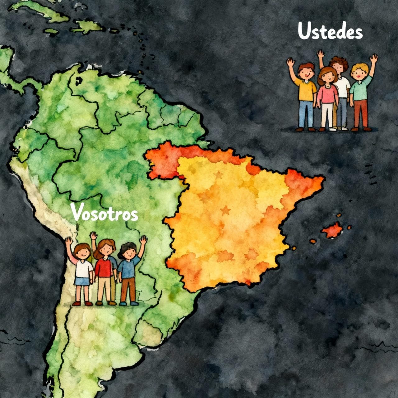 A stylized ink and watercolor map. Spain is highlighted, with a small group of friends waving under the word "Vosotros." Latin America is also highlighted, with a similar group of people waving under the word "Ustedes." Simple and clear illustration, storybook style, soft vibrant colors, on a dark background.