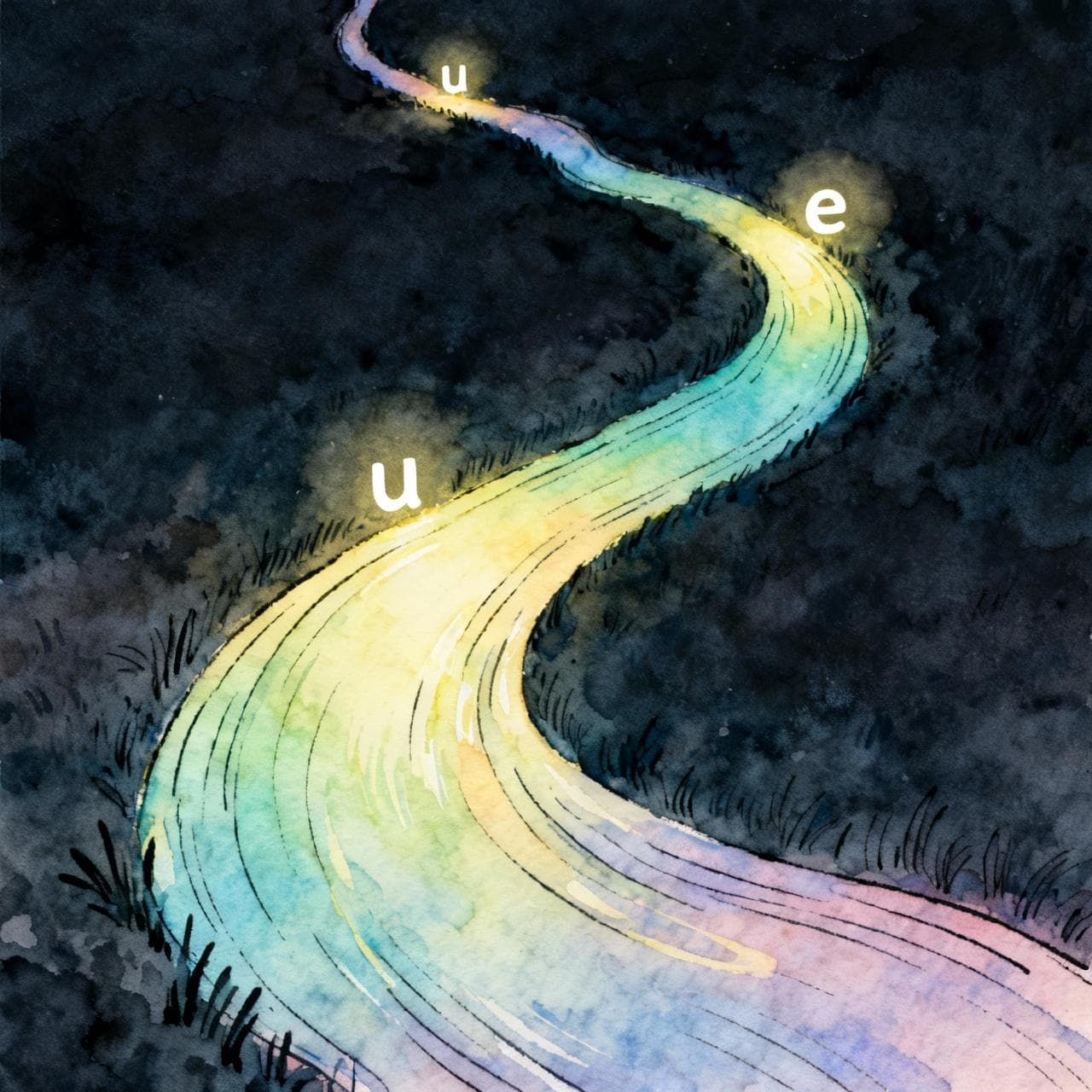 An abstract illustration of two small streams of light, one labeled 'u' and the other 'e', gracefully merging into one single, smooth, flowing river of light. The merged river is a blend of the two original colors. Charming ink and watercolor painting, clean lines, vibrant but soft color palette, storybook style, dark background.