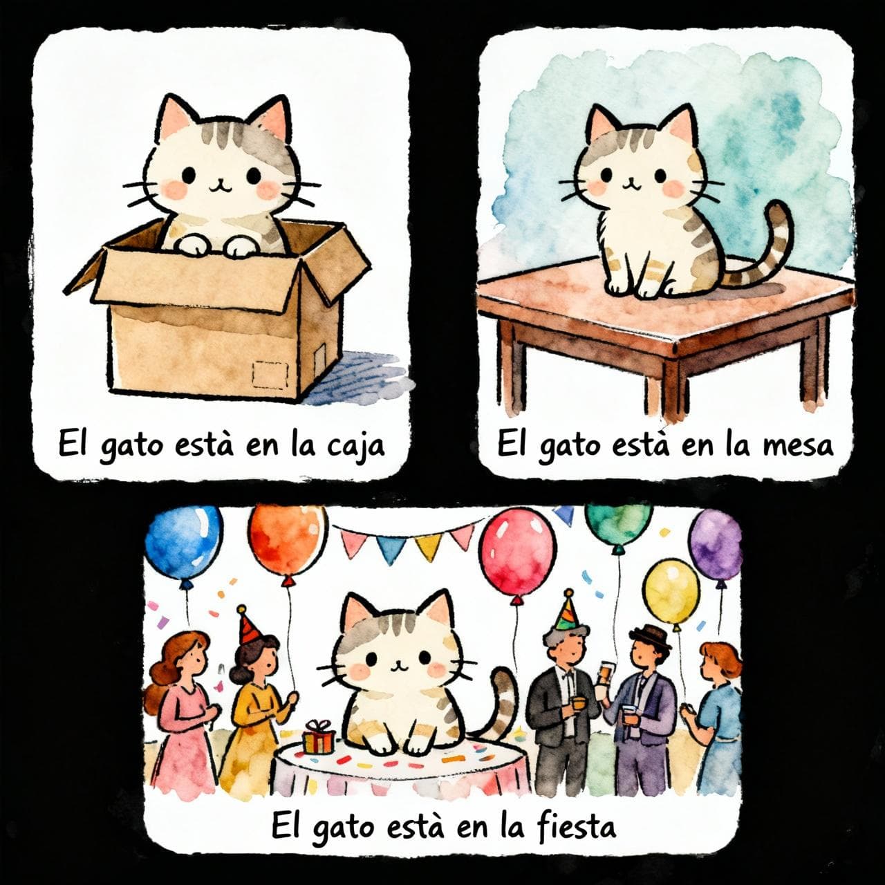 A three-panel illustration showing the versatility of the word 'en'. The first panel shows a cute cat inside a box, labeled 'El gato está en la caja'. The second shows the cat on a table, 'El gato está en la mesa'. The third shows the cat at a party, 'El gato está en la fiesta'. Charming ink and watercolor painting, clean lines, vibrant but soft color palette, storybook style, dark background.