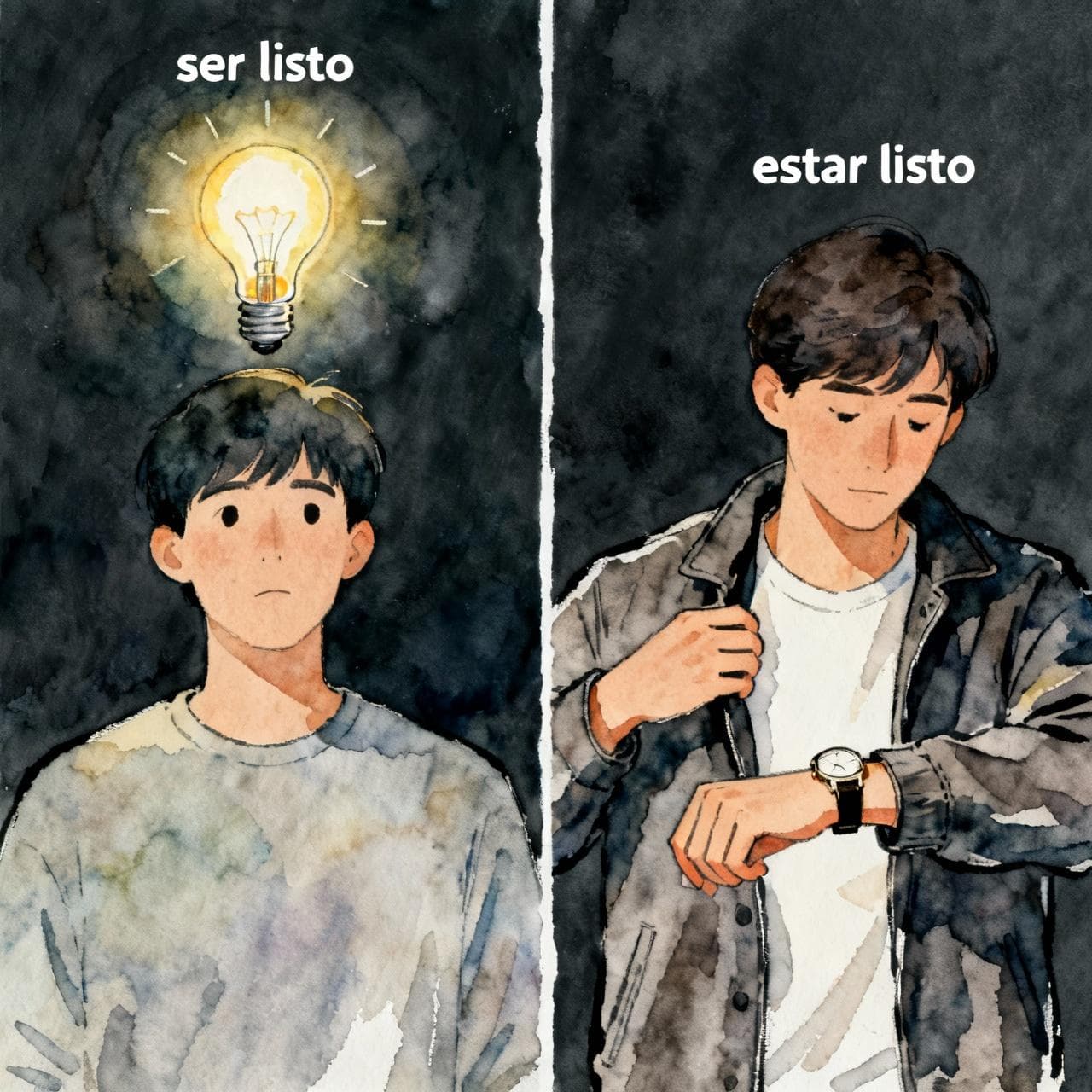A split image. On the left, a person has a glowing lightbulb over their head representing being smart (ser listo). On the right, the same person is putting on a jacket and looking at a watch, representing being ready (estar listo). Ink and watercolor style, dark background.