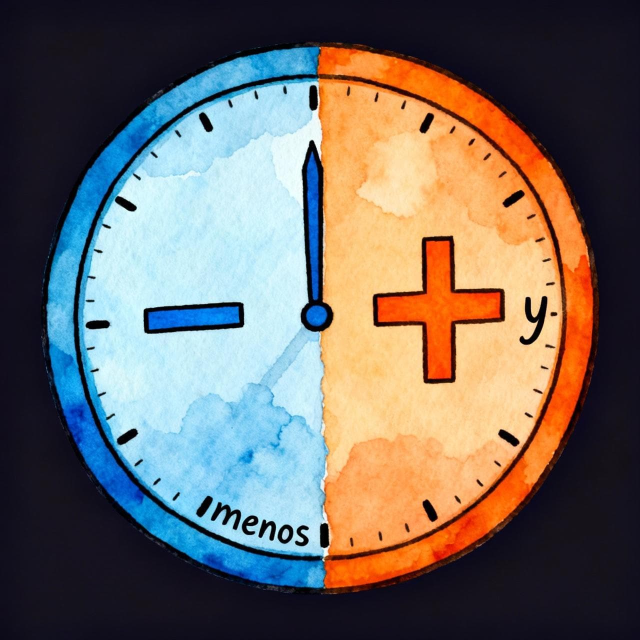 A simple, large clock face, visually split in half. The right side is colored warm orange with a big '+' symbol, labeled 'y'. The left side is colored cool blue with a big '–' symbol, labeled 'menos'. Charming ink and watercolor painting, clean lines, vibrant but soft color palette, storybook style, dark background.
