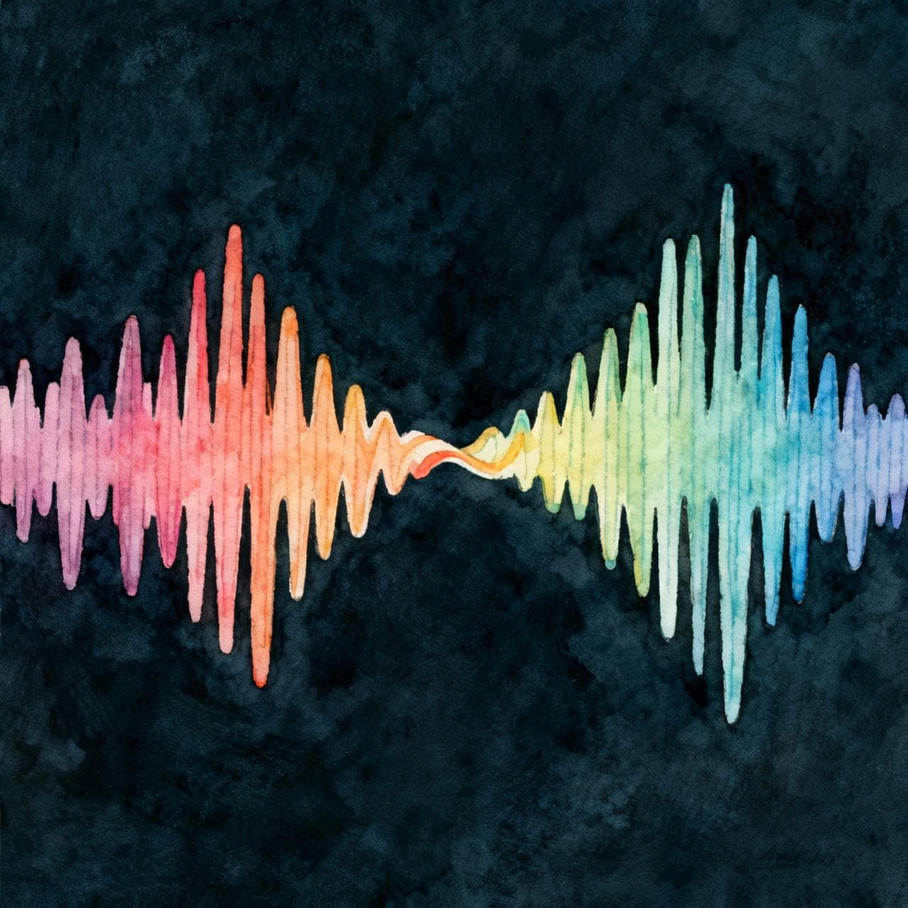 Charming ink and watercolor painting of two distinct, colorful soundwaves, representing two different vowels, smoothly merging into a single, beautifully blended wave. The style is simple and illustrative, with clean lines and a vibrant, soft color palette, on a dark background. Storybook style.