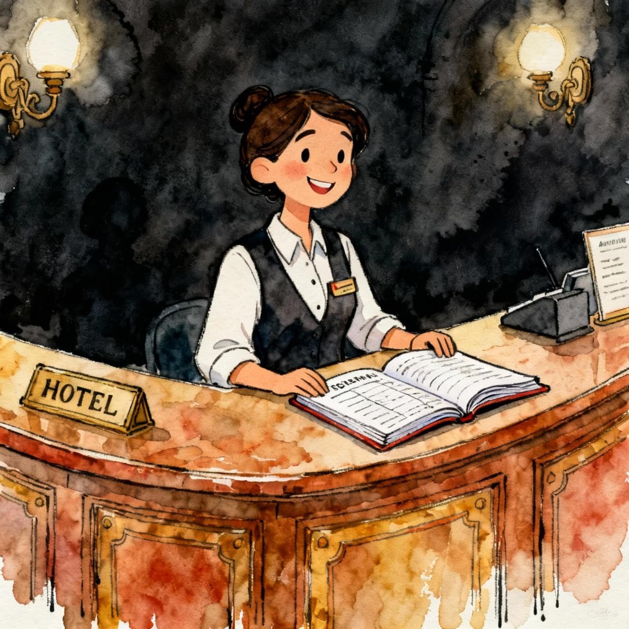A charming Spanish-style hotel reception desk with a reservation book open. A friendly receptionist is smiling. Charming ink and watercolor painting, clean lines, vibrant but soft color palette, storybook style, dark background.