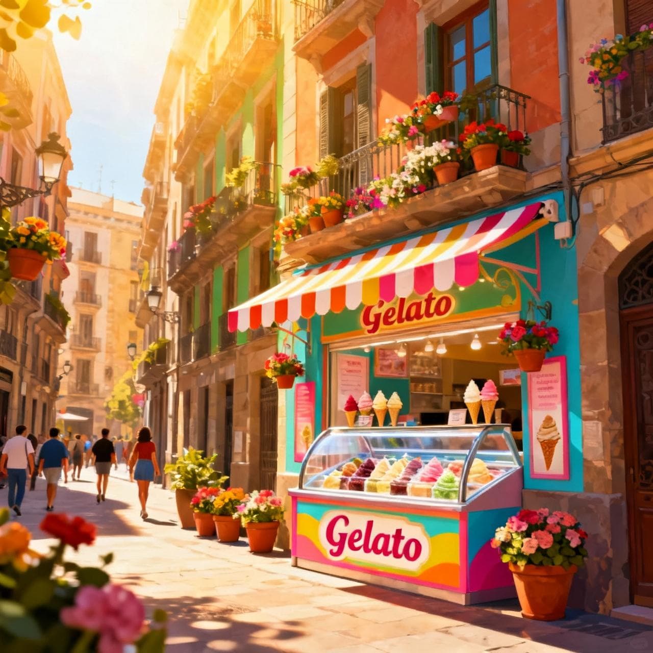 A vibrant, sunny street in Barcelona from a first-person perspective, looking towards a colorful gelato shop. The style is a bright, cheerful digital illustration.