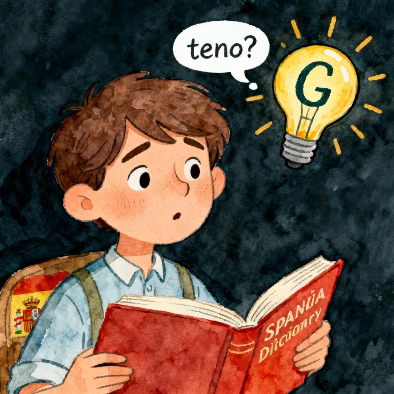 A cartoon lightbulb with a 'G' inside it pops up next to a friendly, slightly confused language learner who is looking at a Spanish dictionary. The learner is thinking 'teno?'. Charming ink and watercolor painting, clean lines, vibrant but soft color palette, storybook style, dark background.