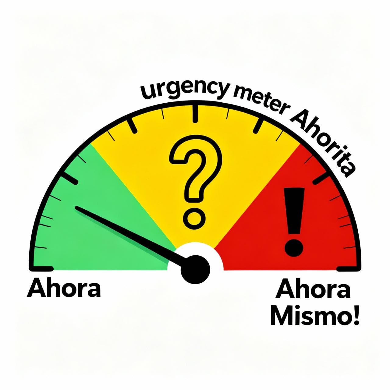 A simple, clean "urgency meter" graphic like a speedometer. The needle on the left in a calm green zone is labeled "Ahora." The middle of the dial is a wide yellow zone labeled "Ahorita" with a playful question mark. The needle on the far right is in a vibrant red zone labeled "Ahora Mismo!" with an exclamation point.