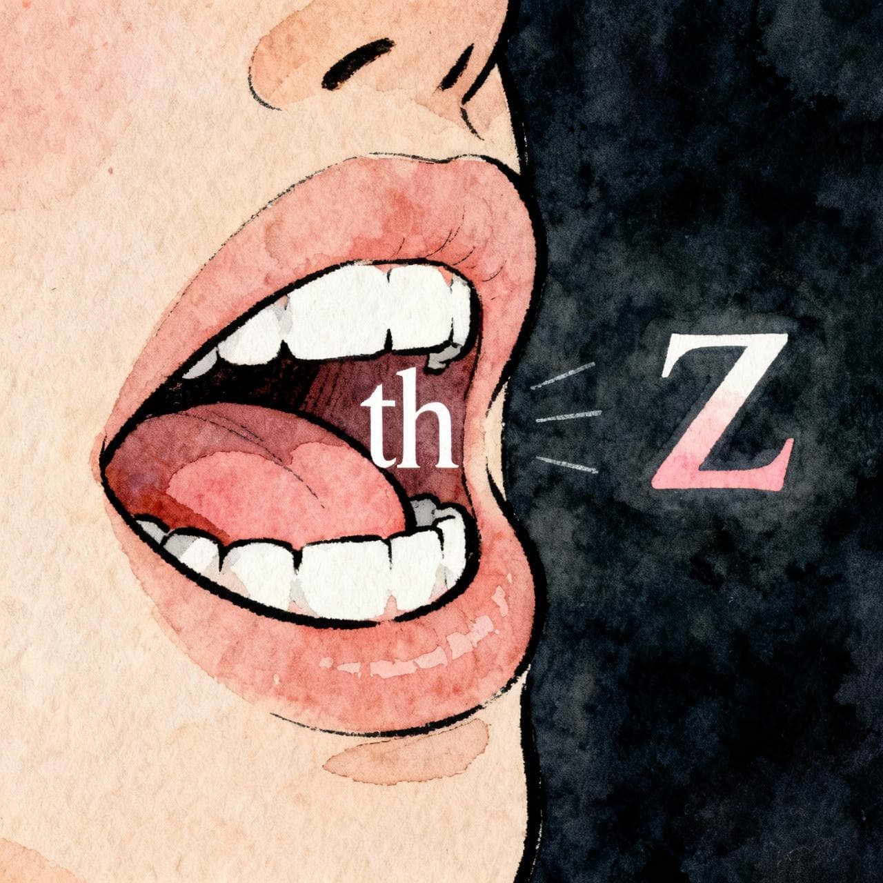A simple illustration of a mouth pronouncing the 'th' sound, with the tongue visible between the teeth. The letter 'Z' floats nearby. Ink and watercolor painting, storybook style with clean lines and soft colors against a dark background.