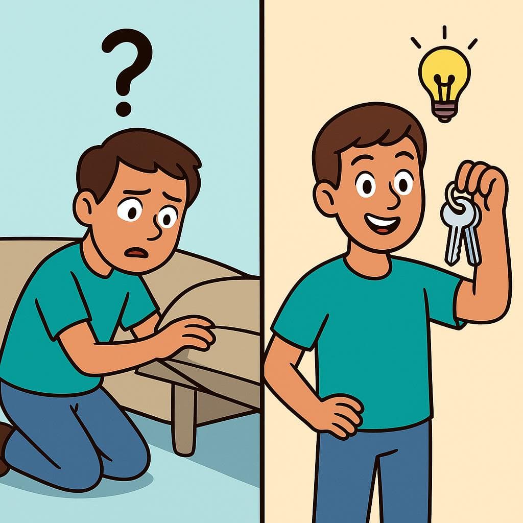 Split-screen showing a person searching for keys versus successfully finding them.