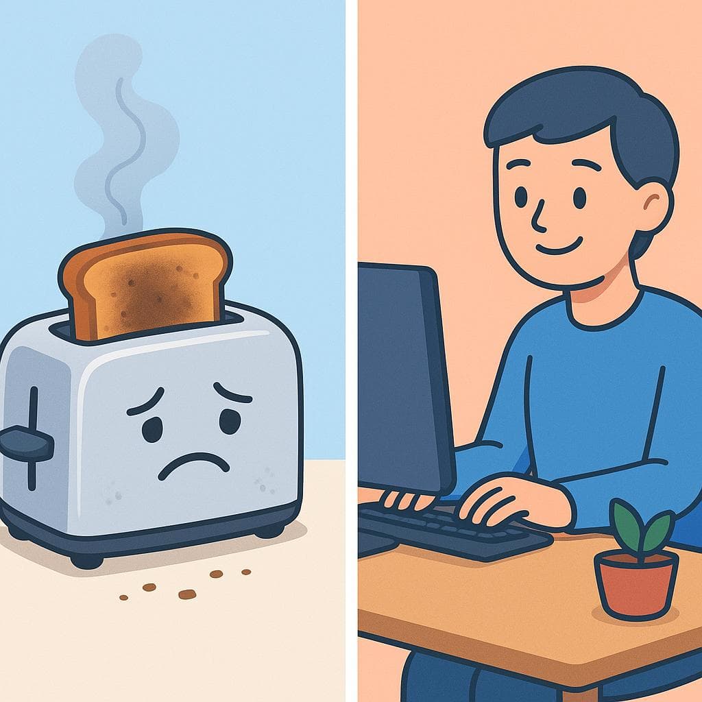 작동하지 않는 기계(funcionar)와 책상에 앉아 있는 사람(trabajar)을 보여주는 분할 화면.