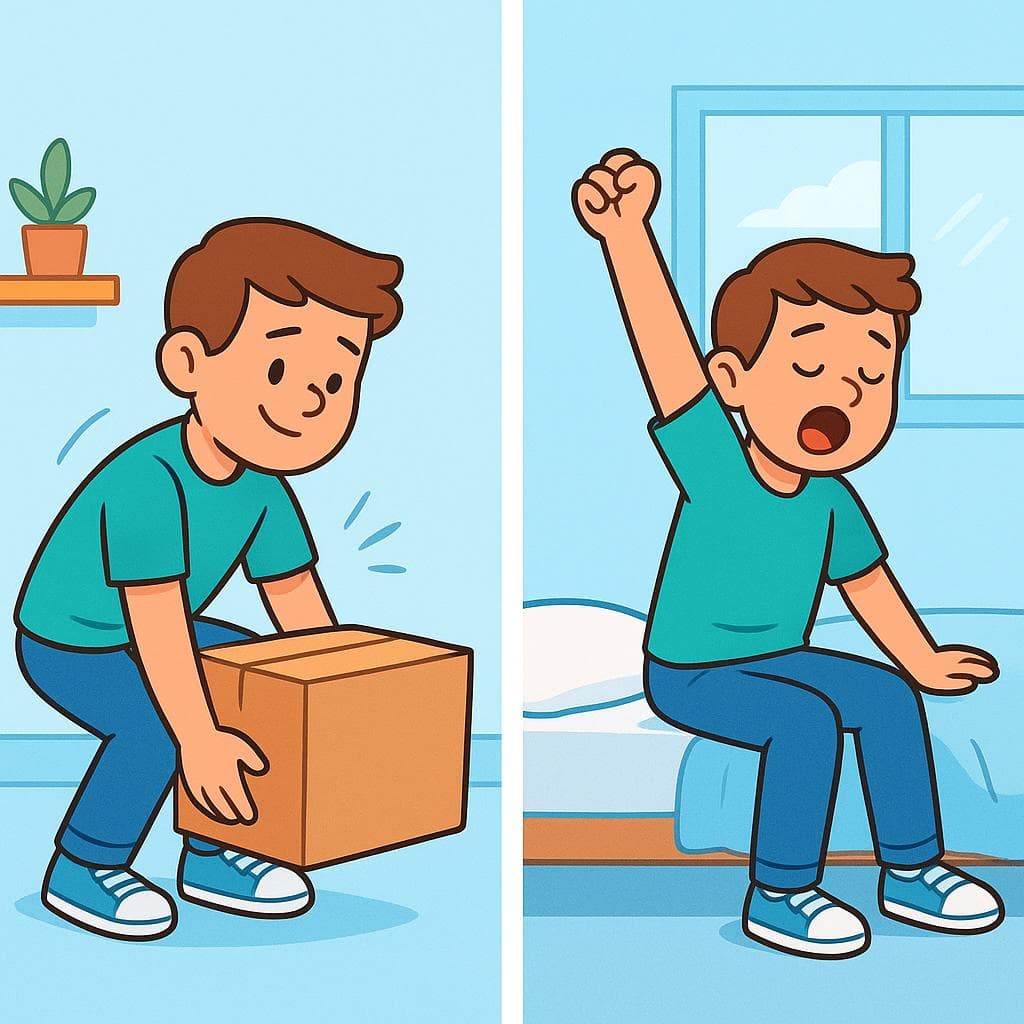 Split-screen showing levantar (lifting an object) vs levantarse (getting yourself up).