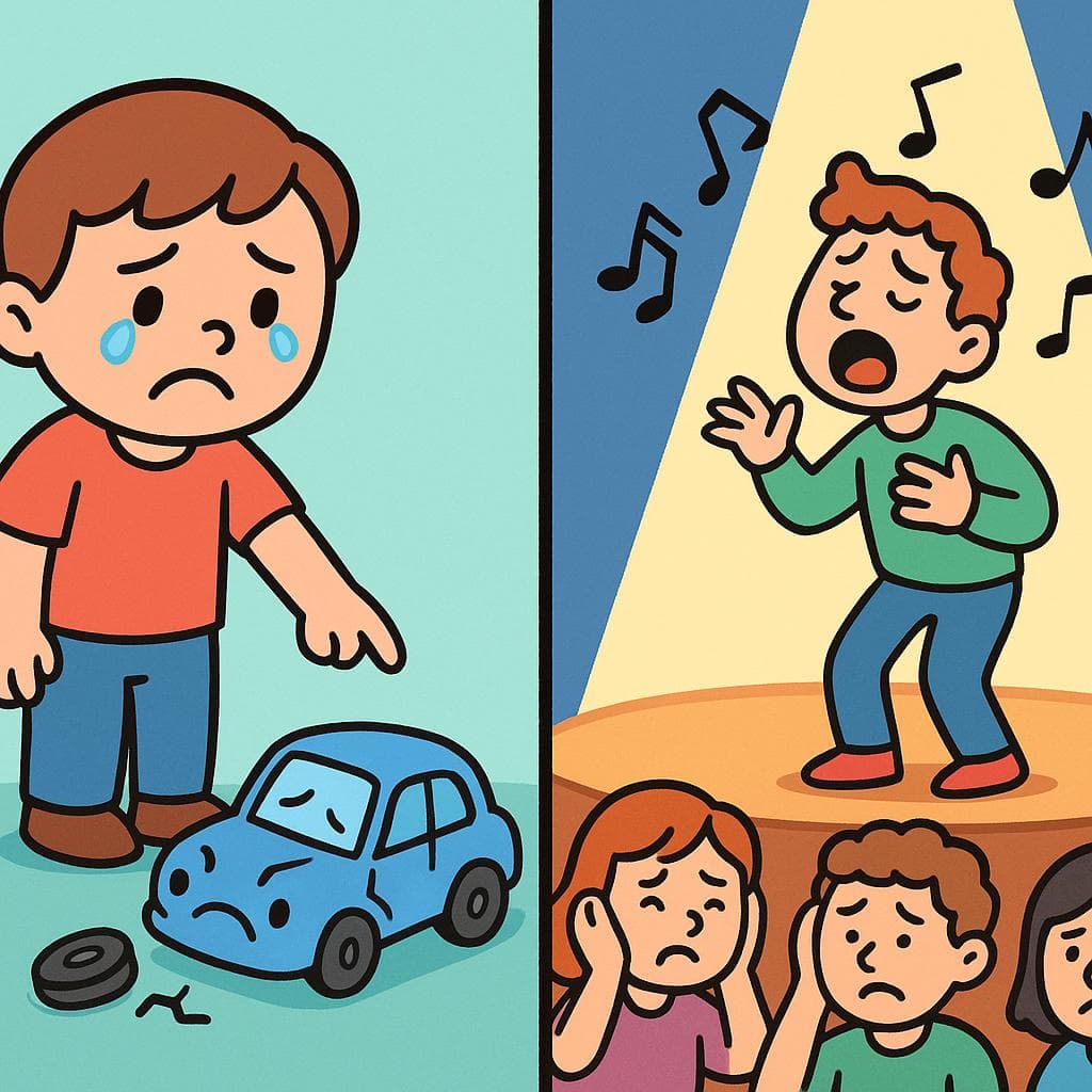 Split-screen showing 'malo' describing a noun (a broken toy) and 'mal' describing a verb (a person singing terribly).