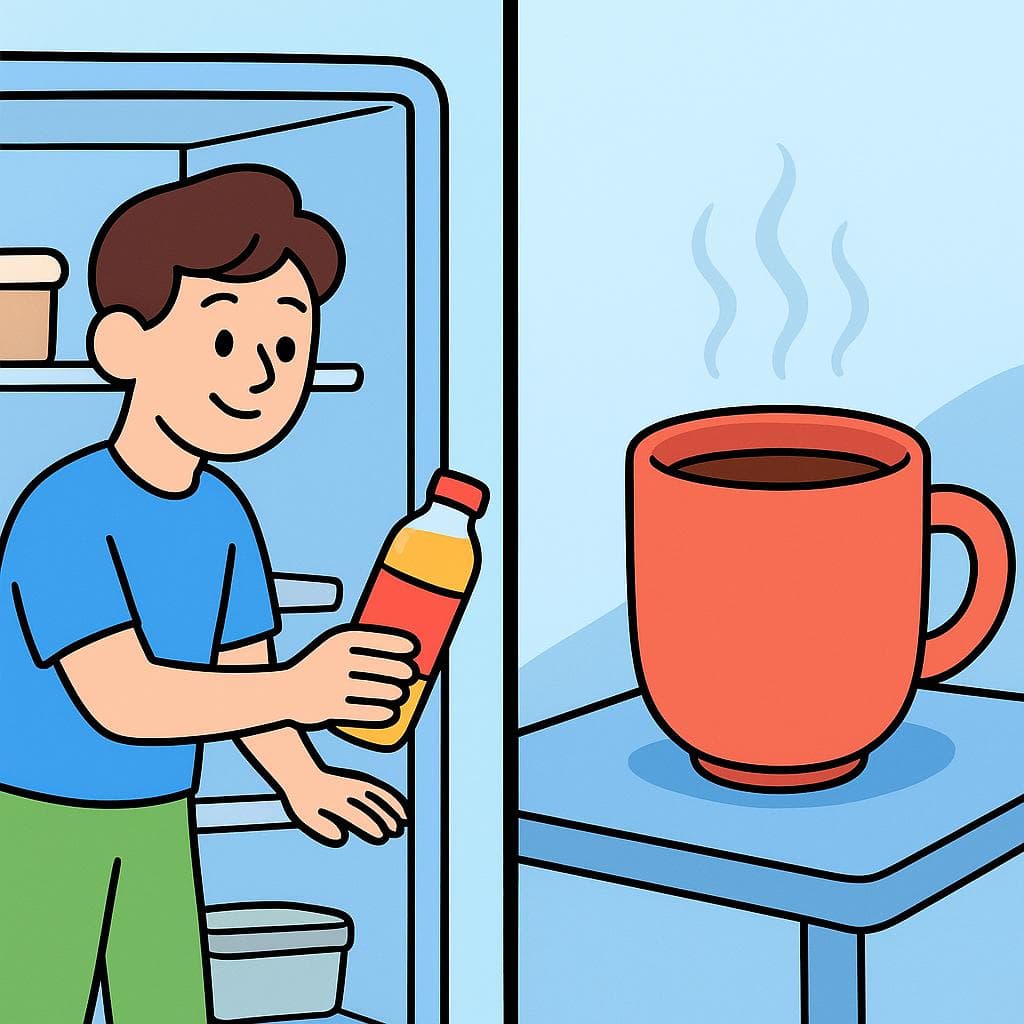 Split-screen showing a person actively cooling a drink versus a drink getting cold on its own.