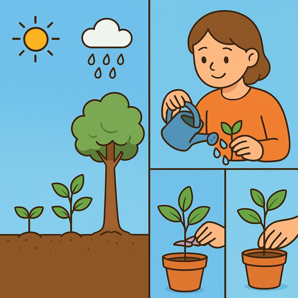 Split-screen showing crecer (natural growth) vs cultivar (intentional effort).