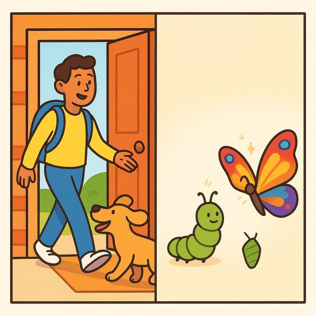 Split-screen showing volver (a person returning home) vs volverse (a caterpillar turning into a butterfly).