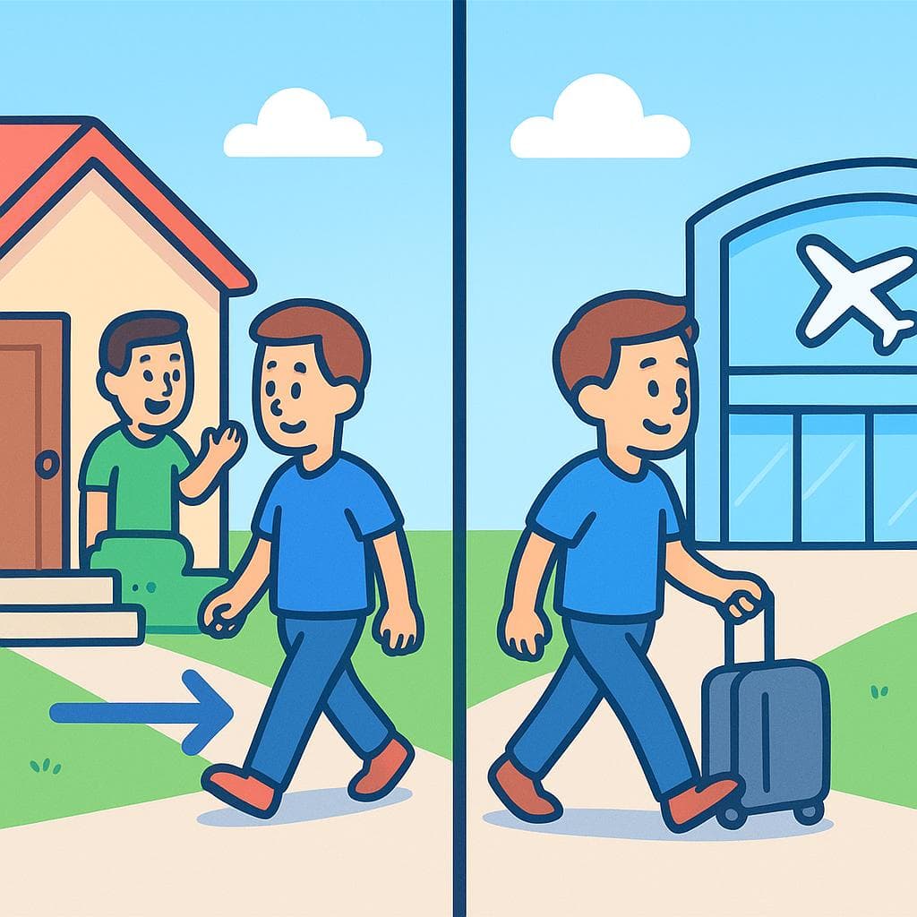 Split-screen showing venir (coming here) vs llegar (arriving there).