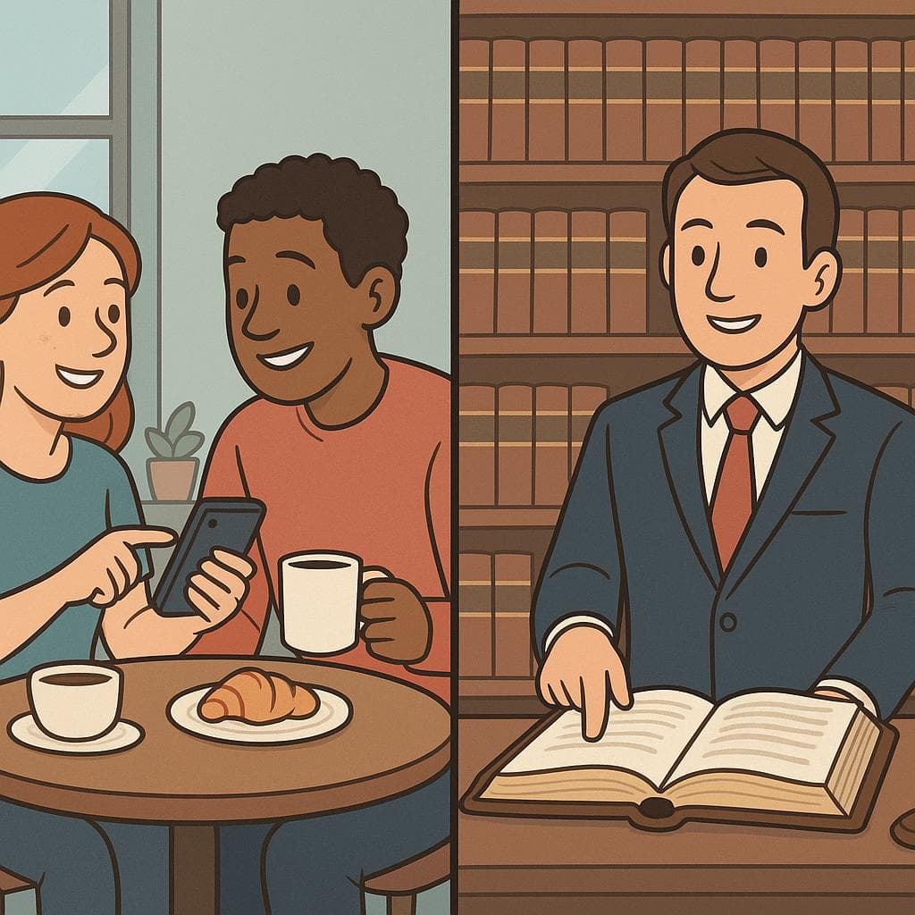 Split-screen showing the difference between según (casual citation) and de acuerdo con (formal agreement).