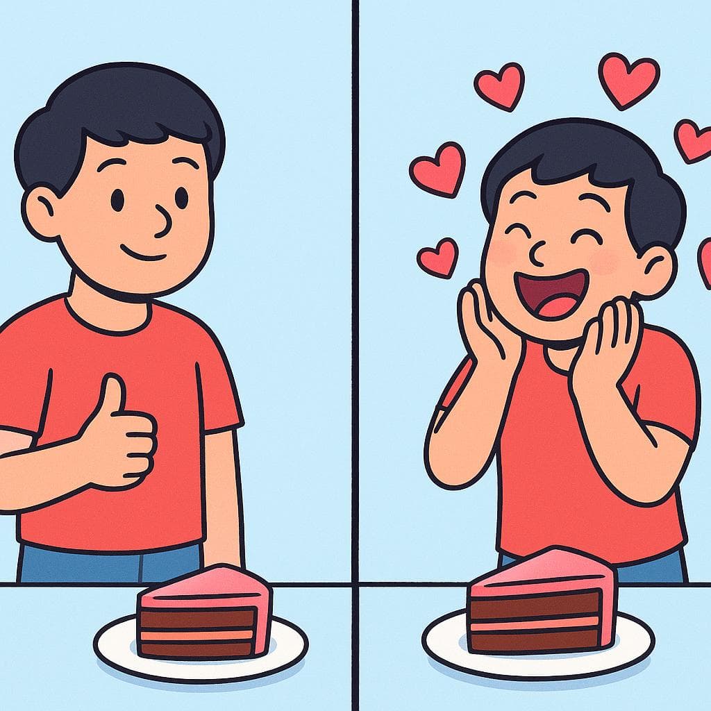 Split-screen comparing 'gustar' (a simple smile) with 'encantar' (an ecstatic expression with hearts).