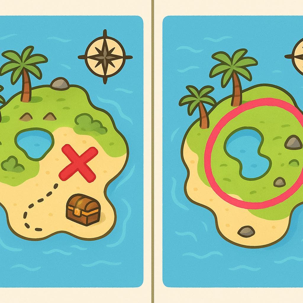 Split-screen showing aquí (a precise point on a map) vs acá (a general highlighted area on a map).