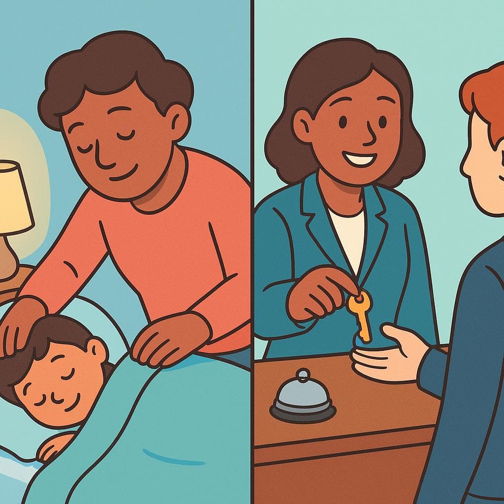 Split-screen showing cuidar (nurturing care) vs atender (professional service).