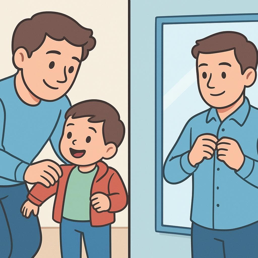 Split screen showing the difference between dressing someone else (vestir) and dressing yourself (vestirse).