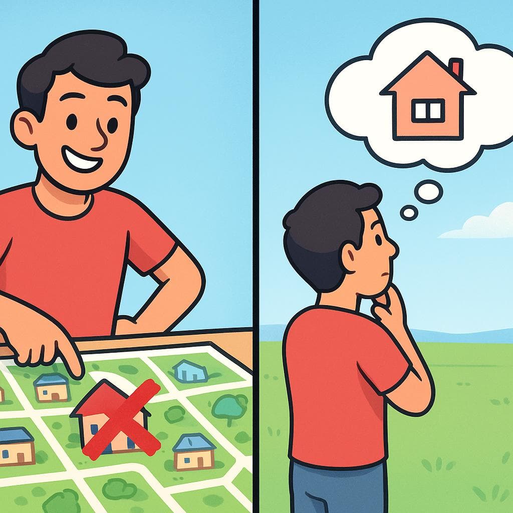 Split-screen contrasting a known location on a map (indicative) with a person dreaming of an ideal location (subjunctive).