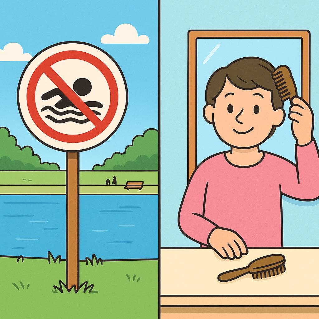 Split-screen comparing impersonal se (a general 'no swimming' sign) vs reflexive se (a person looking in a mirror).