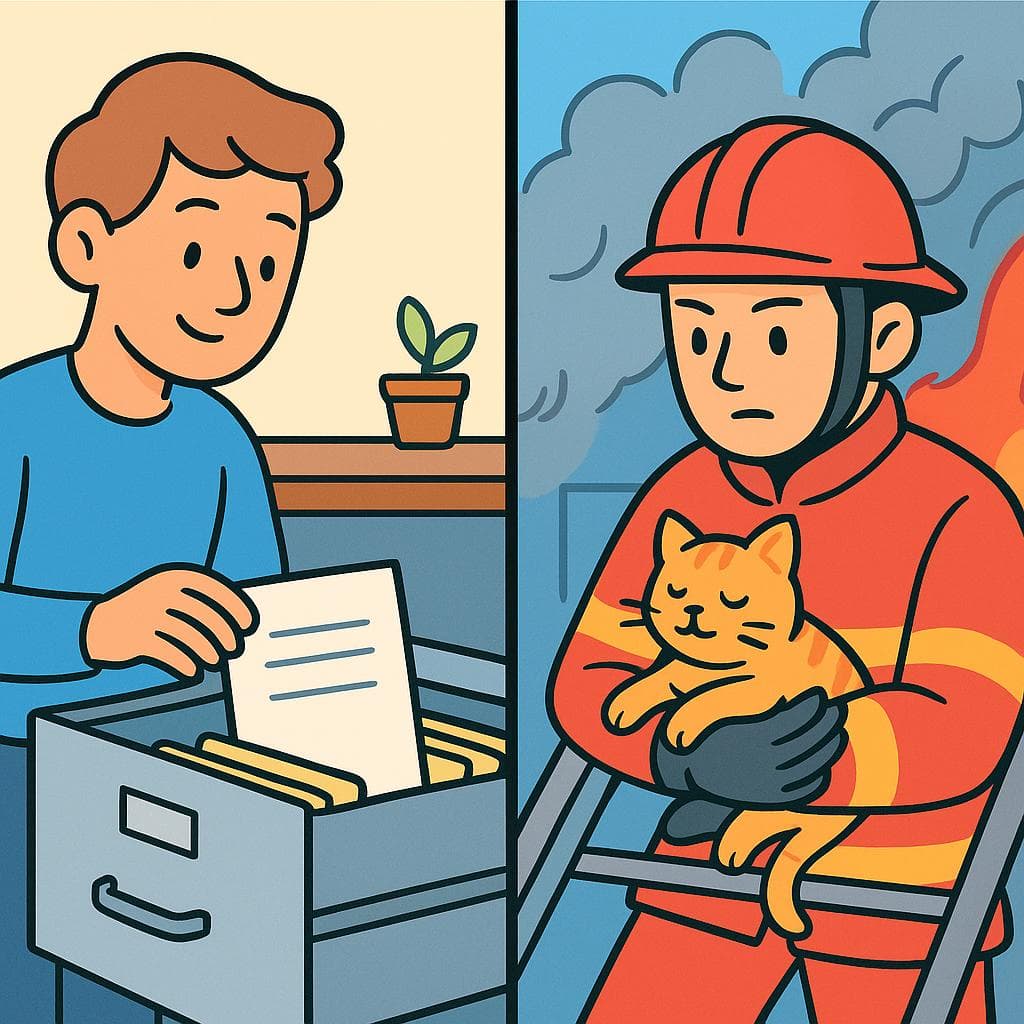 Split-screen contrasting guardar (placing a file in a cabinet) and salvar (a firefighter rescuing a cat).