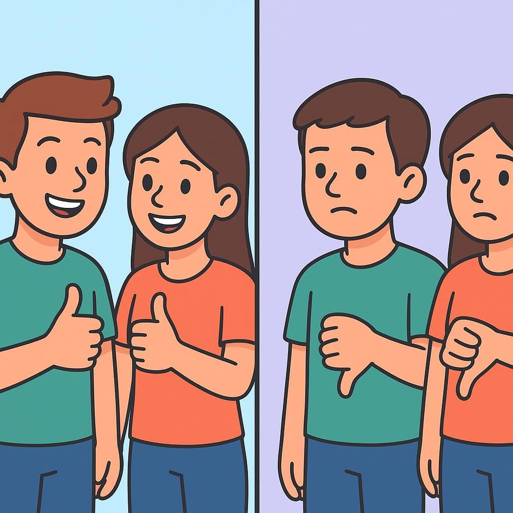 Split screen comparing positive and negative agreement. Left side shows two people smiling with thumbs up. Right side shows two people shaking their heads with thumbs down.