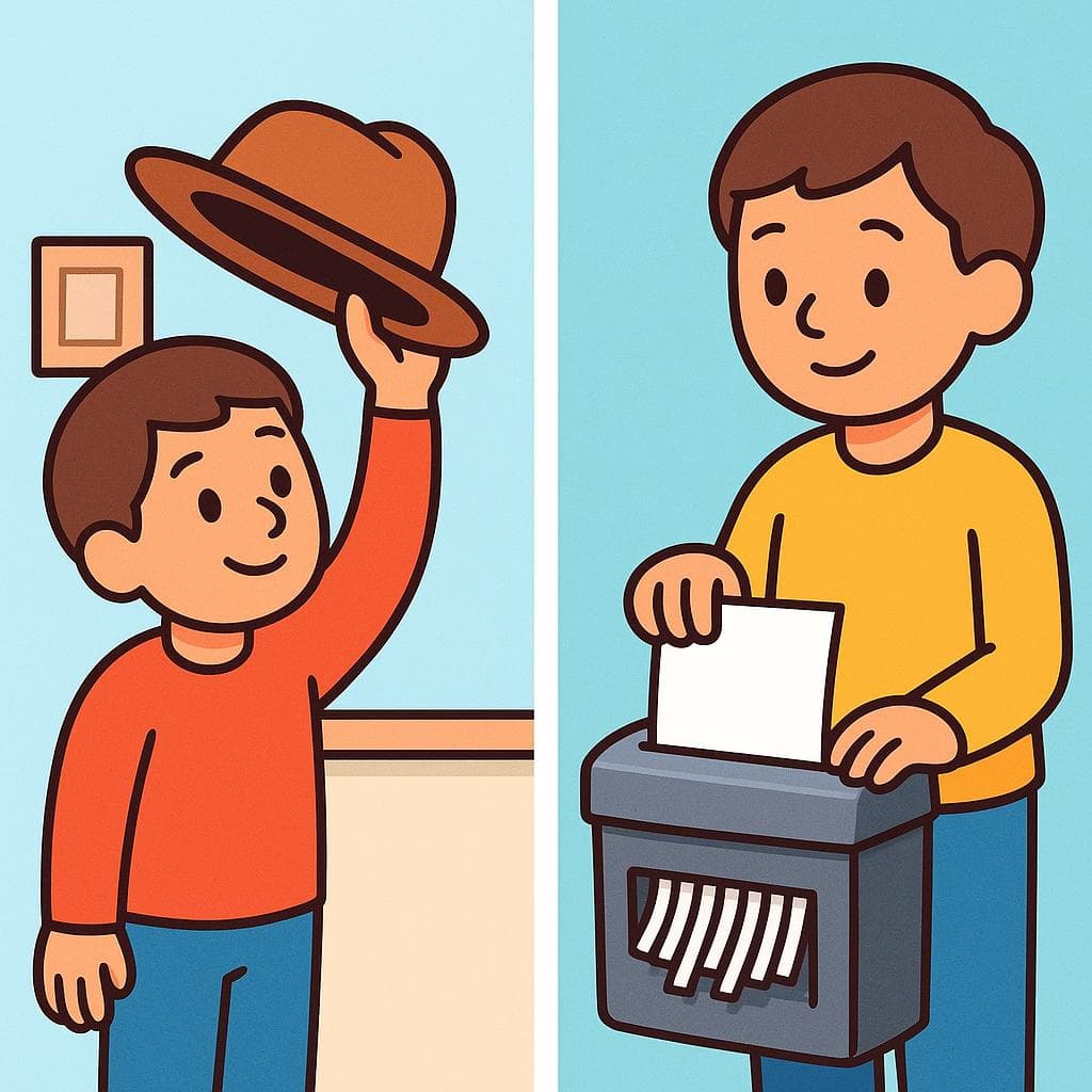 Split-screen showing 'quitar' (taking a hat off a hook) vs 'eliminar' (shredding a document).