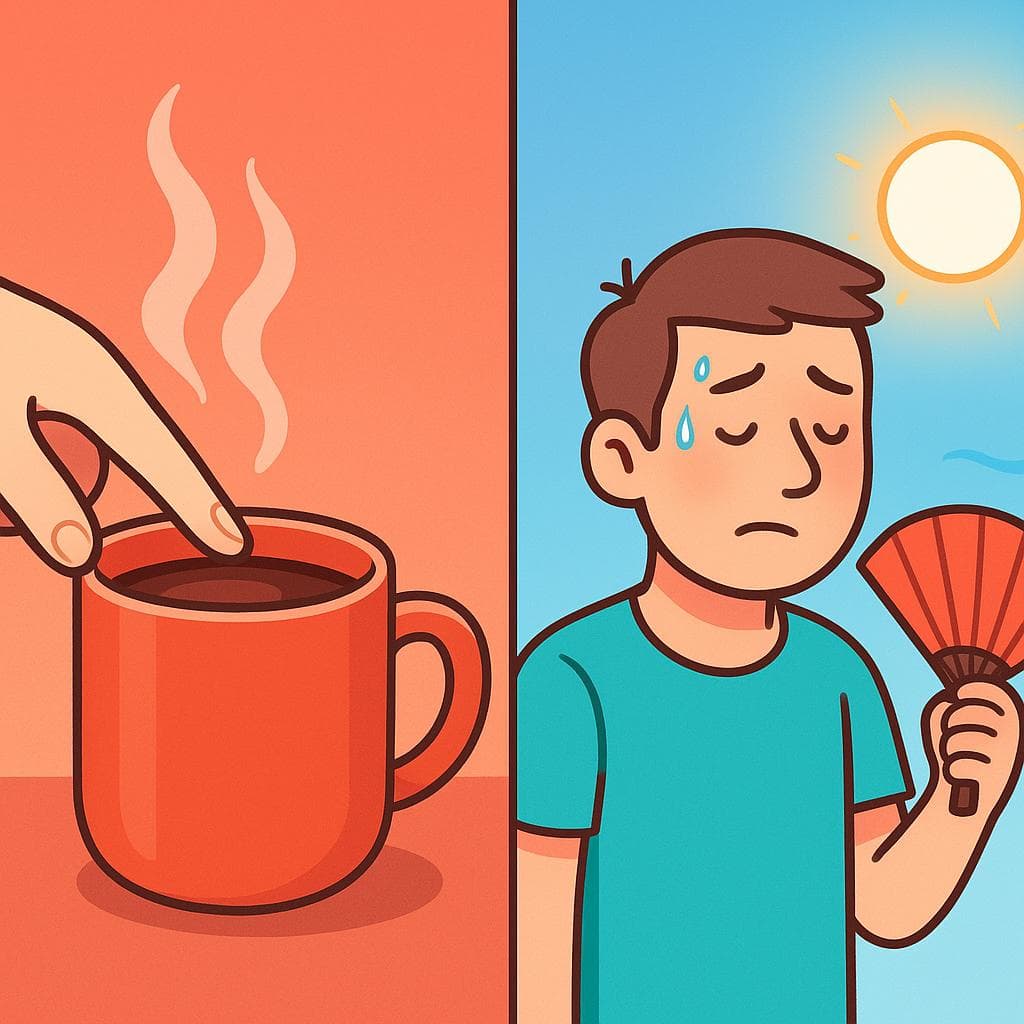 Split-screen showing caliente (a hand touching a hot mug) vs caluroso (a person sweating under a hot sun).