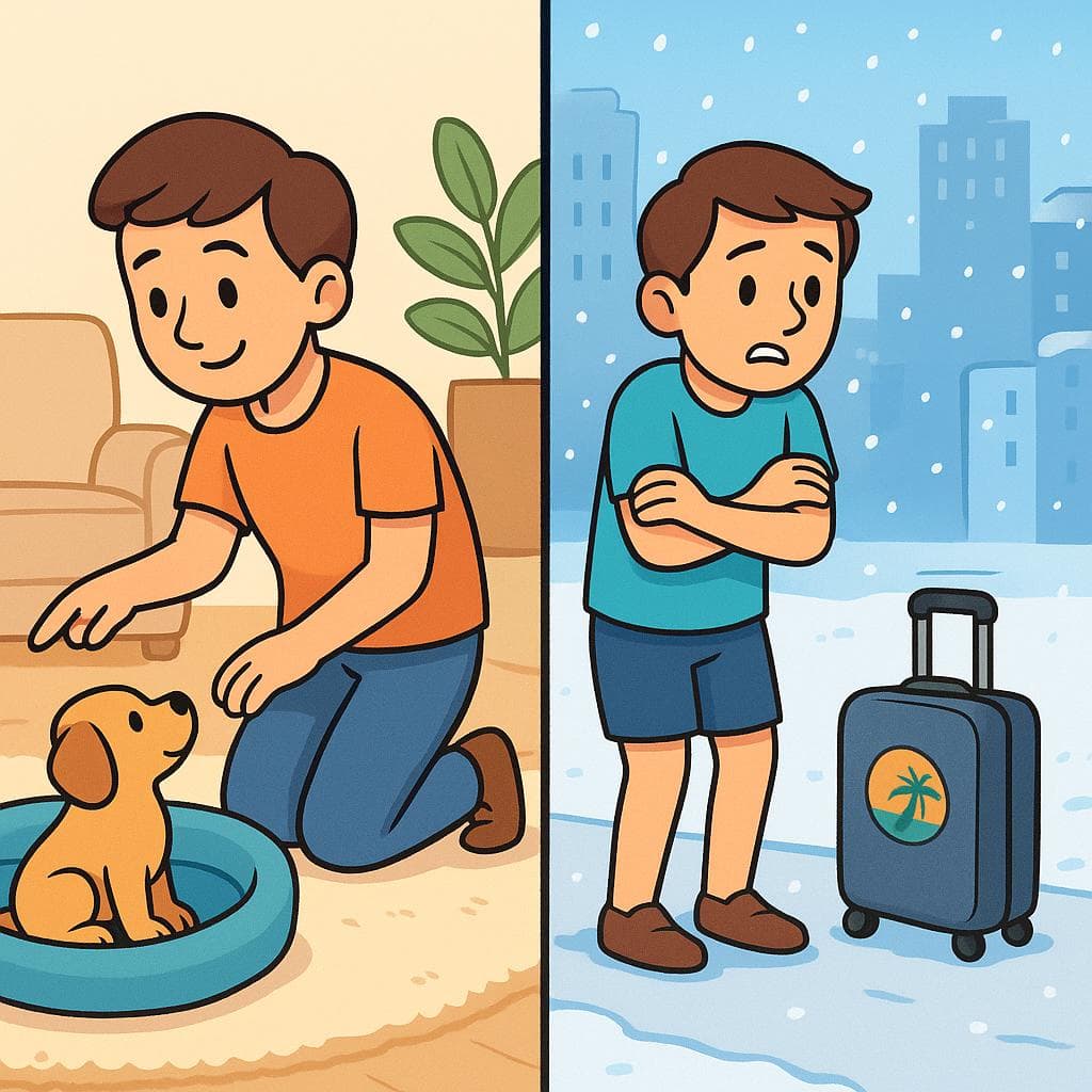 Split-screen showing 'acostumbrar' (a person training a dog) vs 'acostumbrarse a' (a person adapting to cold weather).