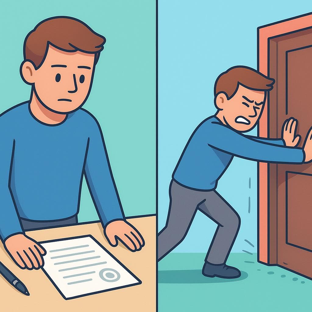 A split-screen showing a legal document for 'obligar' vs a person pushing open a stuck door for 'forzar'.