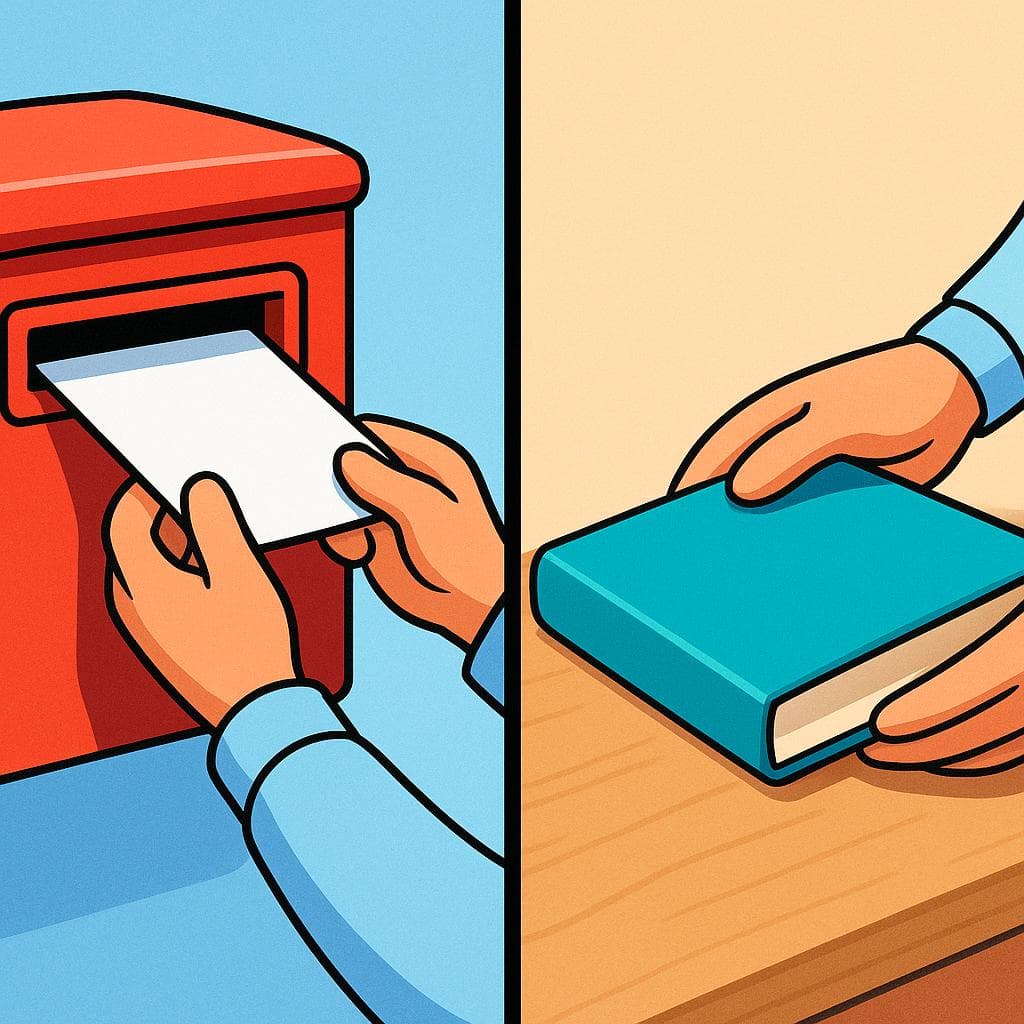 Split-screen showing 'meter' (putting a letter INTO an envelope) vs 'poner' (placing a plate ONTO a table).