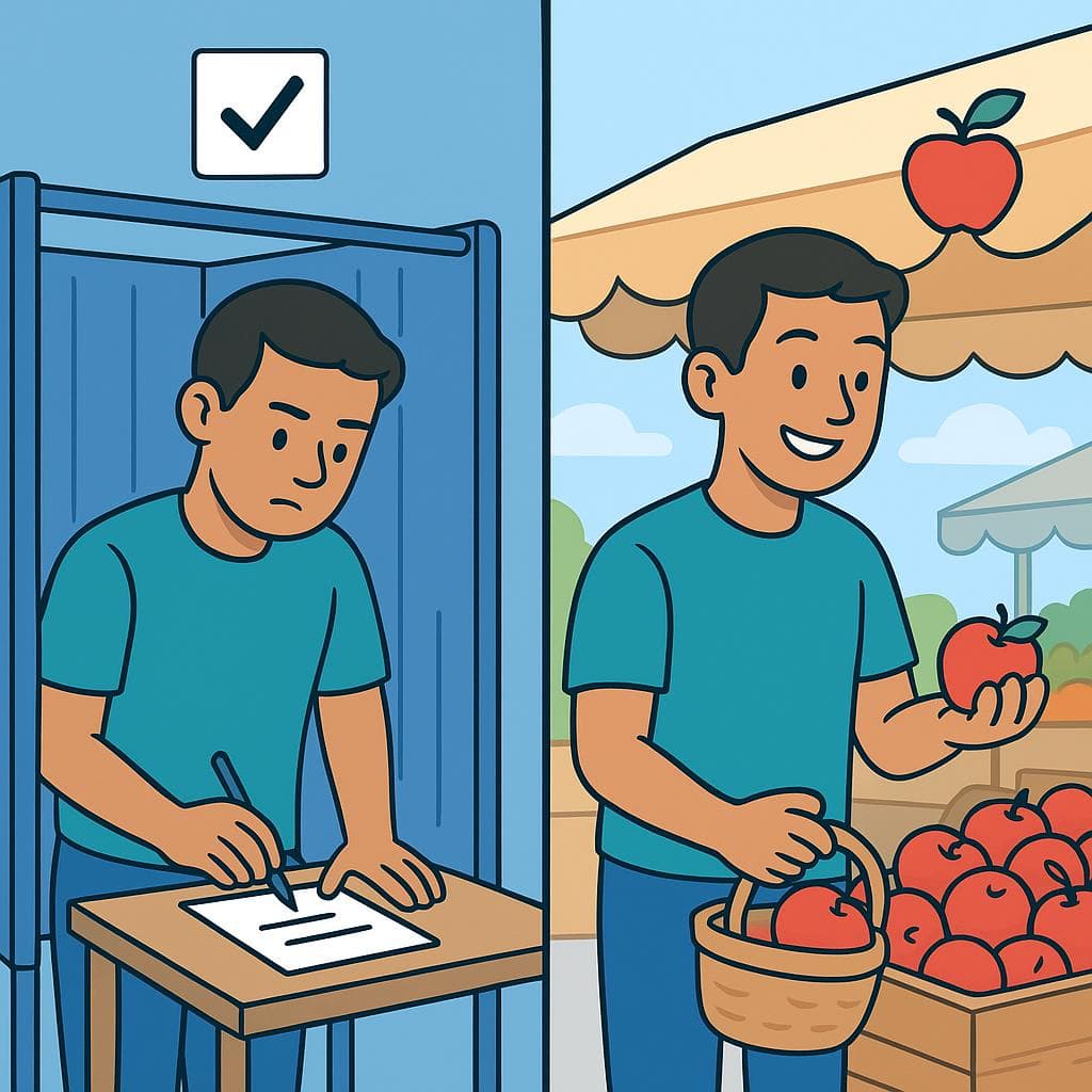 A split screen comparing a formal choice (elegir) with a casual one (escoger).