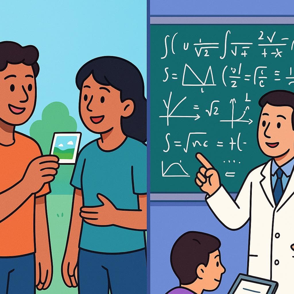 Split-screen showing mostrar (showing an object) vs demostrar (proving a point with evidence).