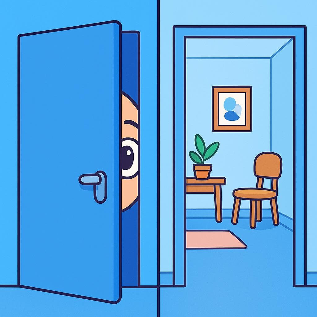 Split-screen with a door slightly ajar with a friendly eye peeking out for 'alguien' (someone), and a closed, empty room for 'nadie' (no one).