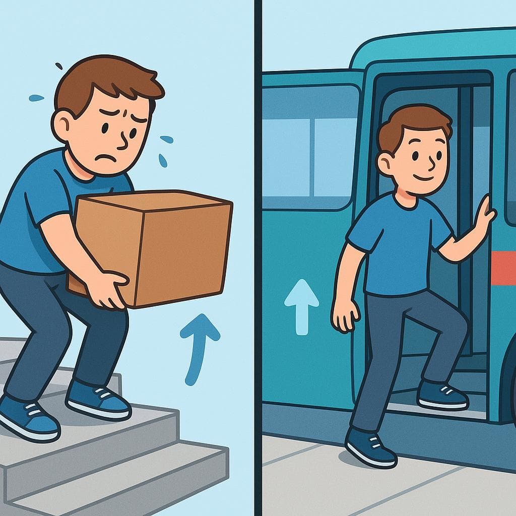 Split-screen showing subir (lifting a box upstairs) vs subirse (getting onto a bus).