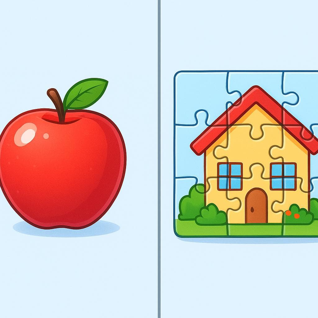 Split-screen showing entero (a whole apple) vs completo (a completed puzzle).